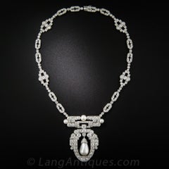 1920s Natural Pearl, Platinum and Diamond Necklace
