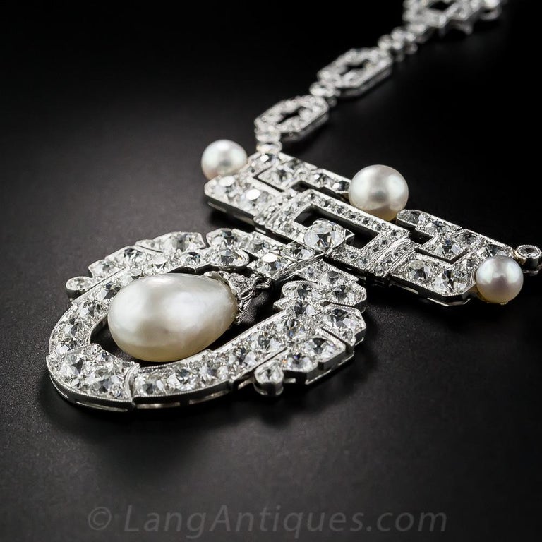 1920s Natural Pearl, Platinum and Diamond Necklace For Sale at 1stDibs