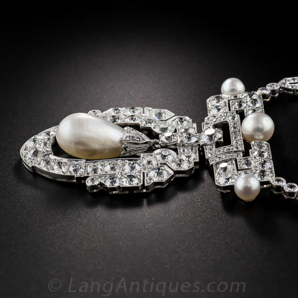 Old European Cut 1920s Natural Pearl, Platinum and Diamond Necklace For Sale