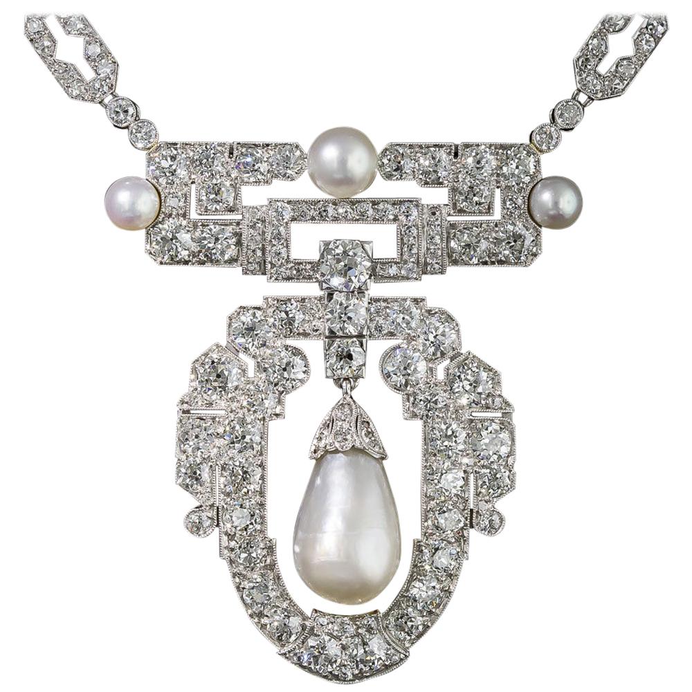 1920s Natural Pearl, Platinum and Diamond Necklace For Sale