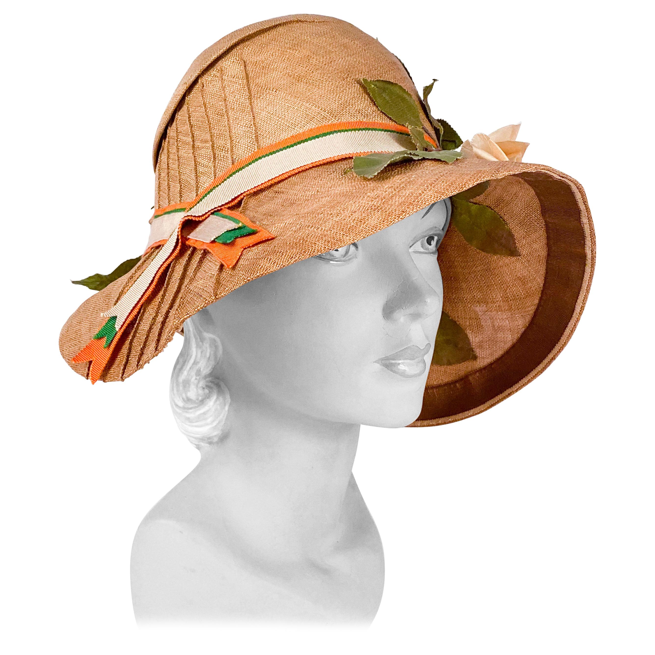 1920s Natural Straw Day Cloche With Silk Flowers