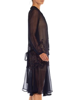1920S Navy Blue Floral Silk Chiffon Embroidered Dress