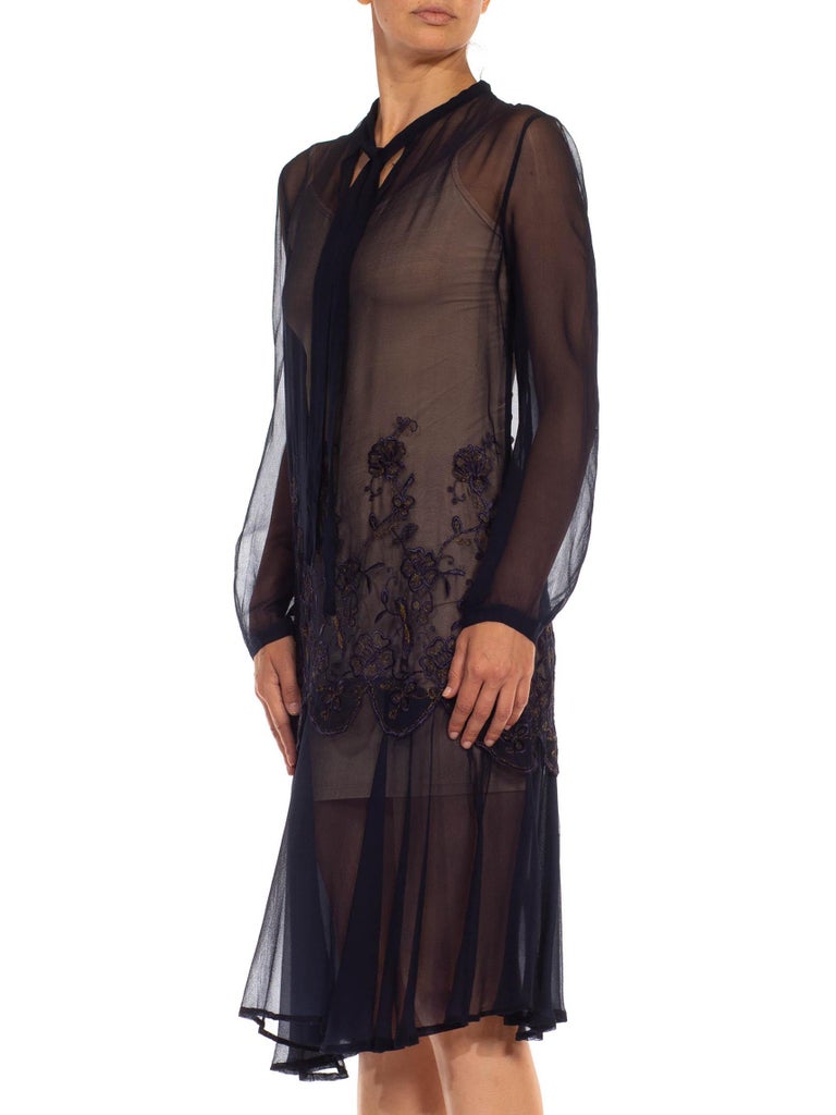 18068 Navy Blue Embroidered Top Chiffon Dress