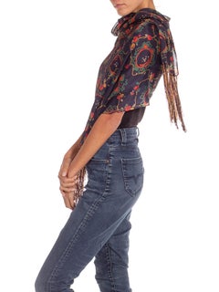 1920S Navy Blue & Red Silk Chiffon Vegetal Motif Scarf