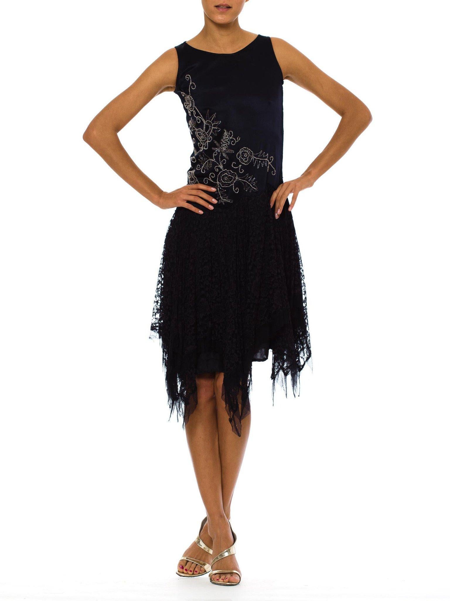 1920S Navy Blue Silk Charmeuse  & Lace Scalloped Dropped Waist Cocktail Dress W 4