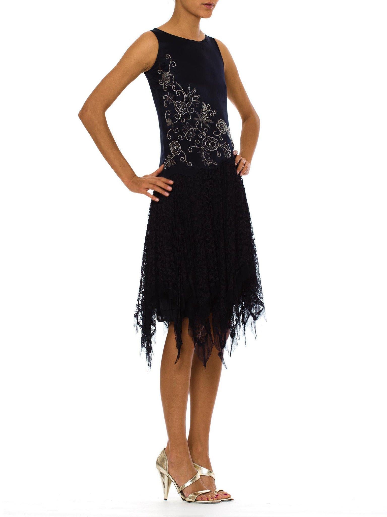 1920S Navy Blue Silk Charmeuse  & Lace Scalloped Dropped Waist Cocktail Dress With White Floral Beading