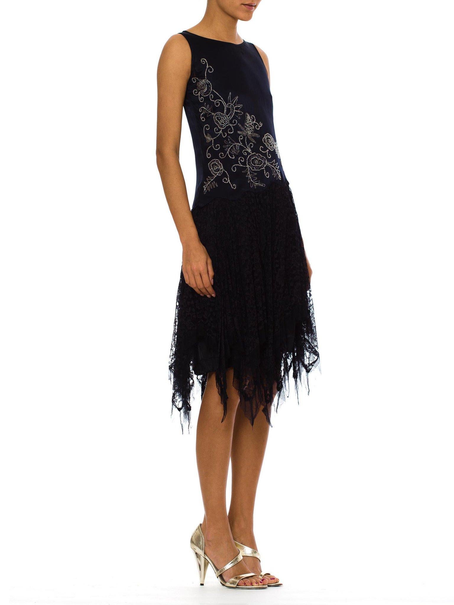 Black 1920S Navy Blue Silk Charmeuse  & Lace Scalloped Dropped Waist Cocktail Dress W