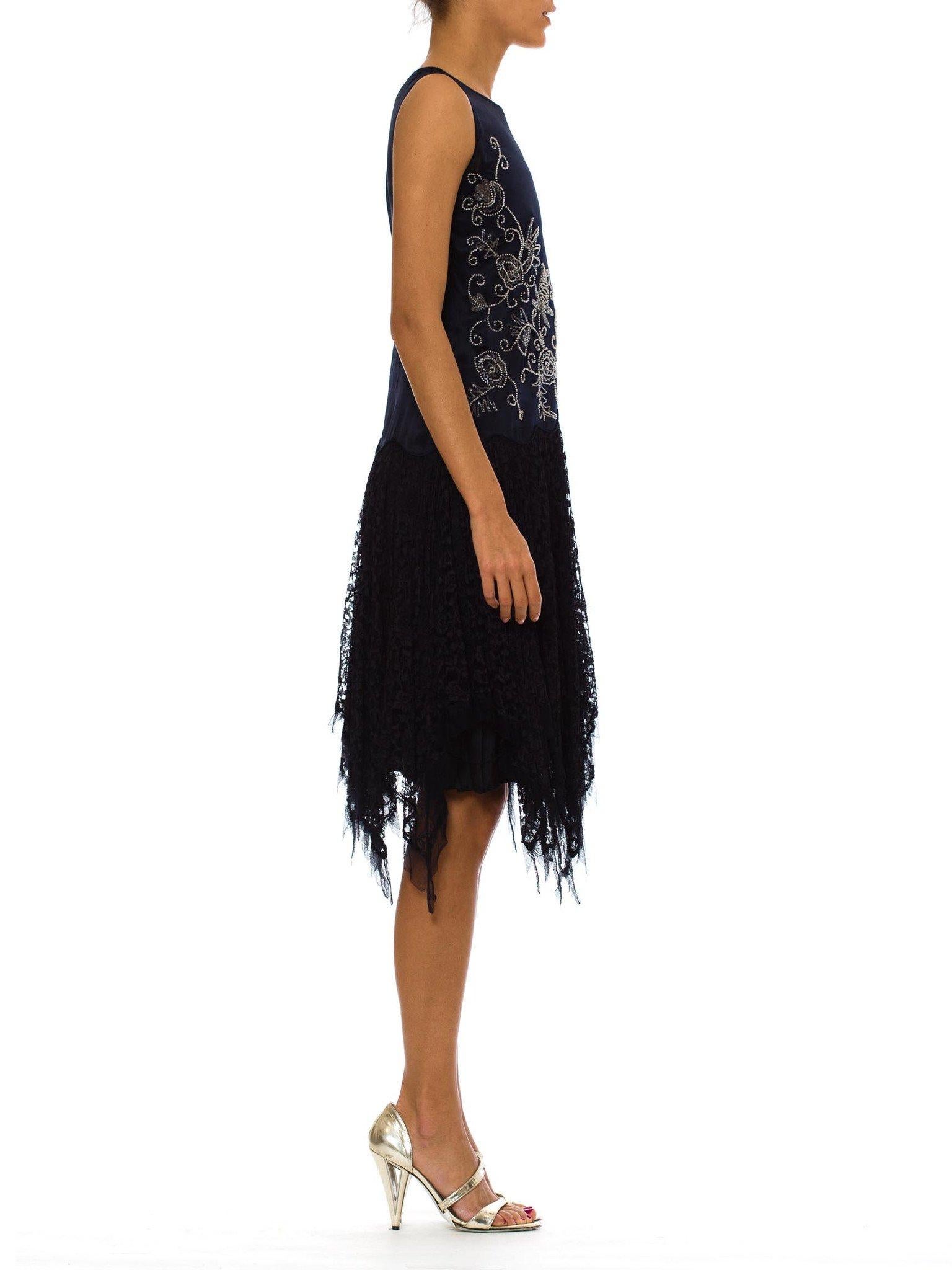 1920S Navy Blue Silk Charmeuse  & Lace Scalloped Dropped Waist Cocktail Dress W In Excellent Condition In New York, NY
