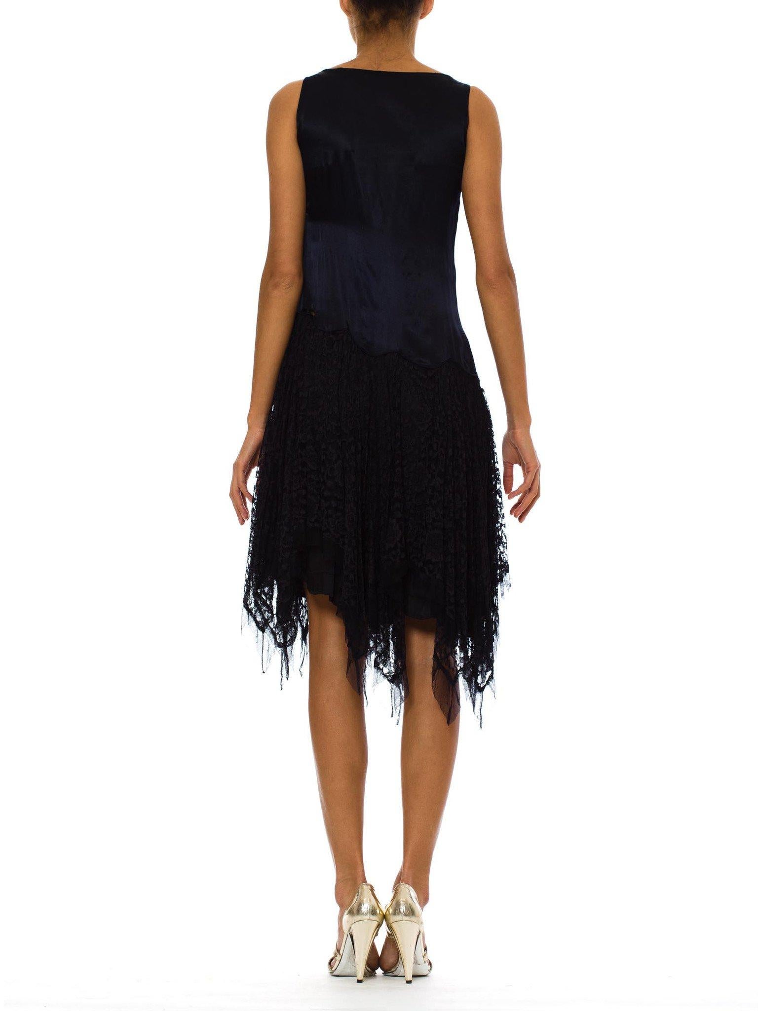 Women's 1920S Navy Blue Silk Charmeuse  & Lace Scalloped Dropped Waist Cocktail Dress W
