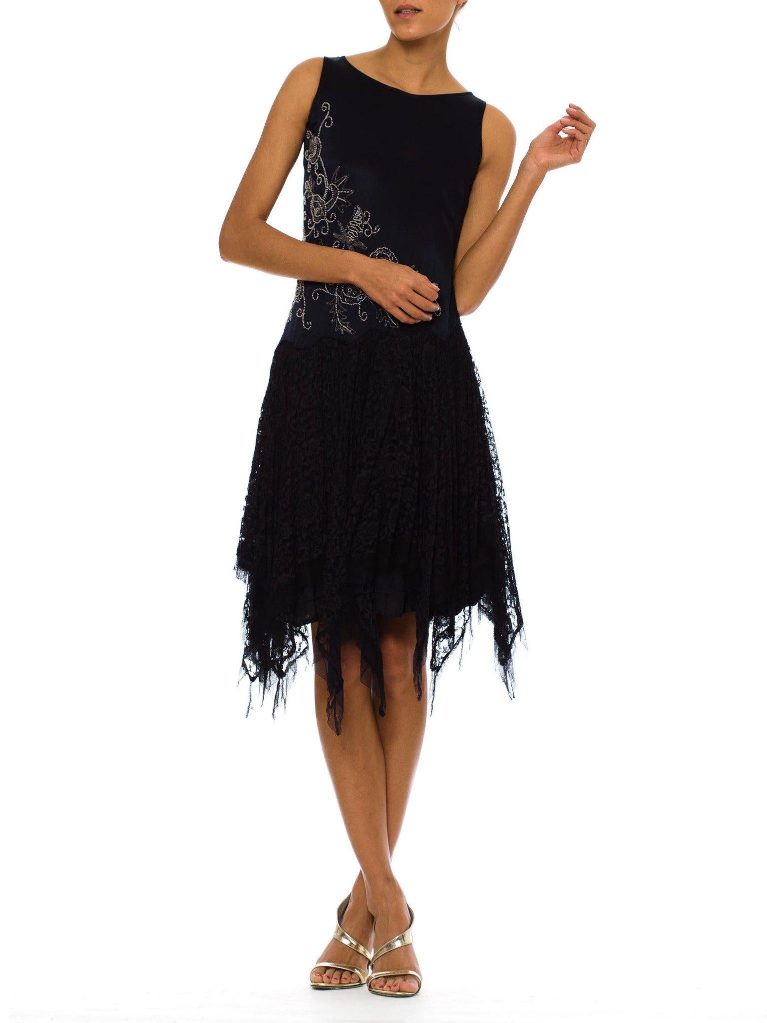 1920S Navy Blue Silk Charmeuse  & Lace Scalloped Dropped Waist Cocktail Dress W 3