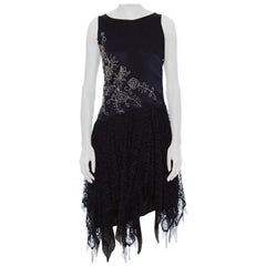 1920S Navy Blue Silk Charmeuse  & Lace Scalloped Dropped Waist Cocktail Dress W