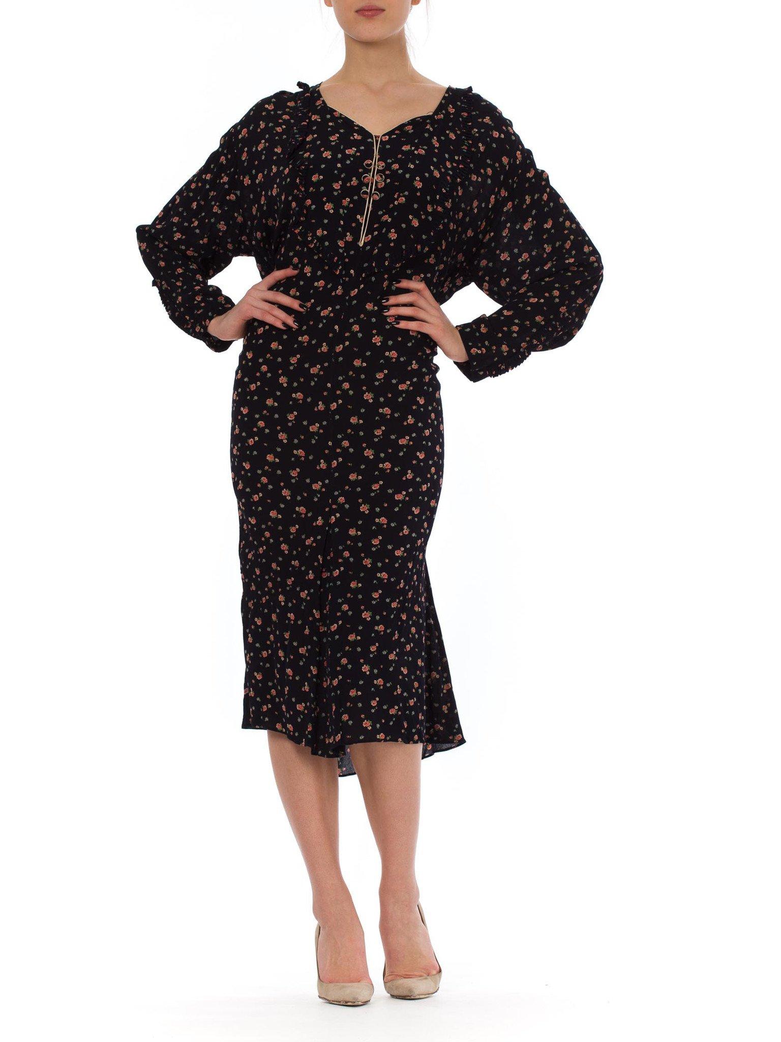1920S Navy Blue Silk Crepe Pink Floral Printed Long Sleeve Dress Exceptionally Rare XXL