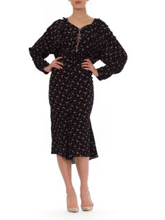 1920S Navy Blue Silk Crepe Pink Floral Printed Long Sleeve Dress Exceptionally