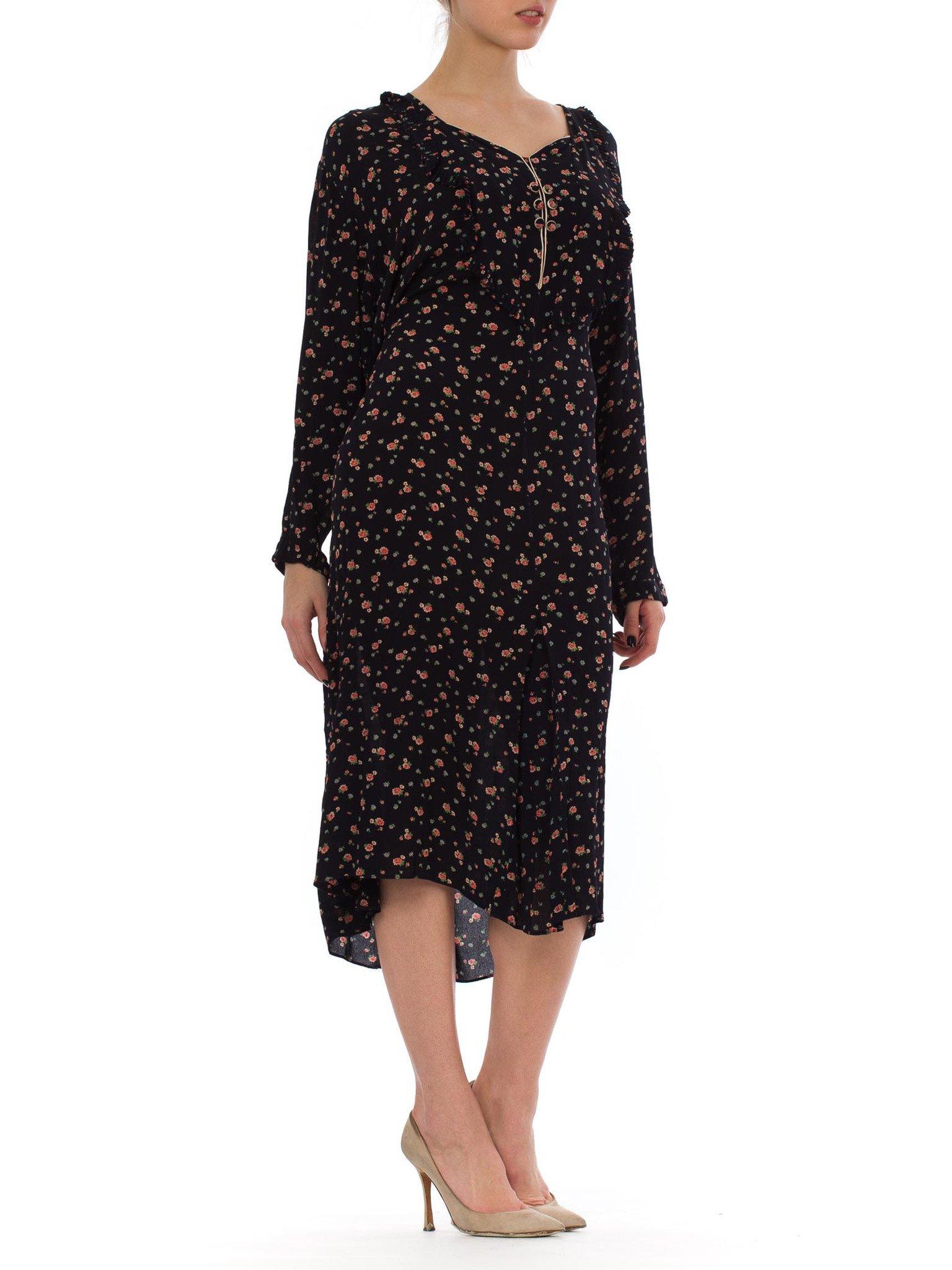 Nero 1920S Abito a maniche lunghe in crepe di seta blu navy rosa con stampa floreale Eccezionalmente