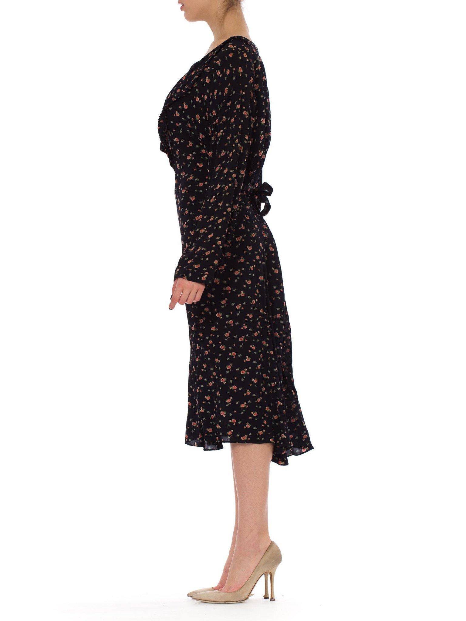 Black 1920S Navy Blue Silk Crepe Pink Floral Printed Long Sleeve Dress Exceptionally 