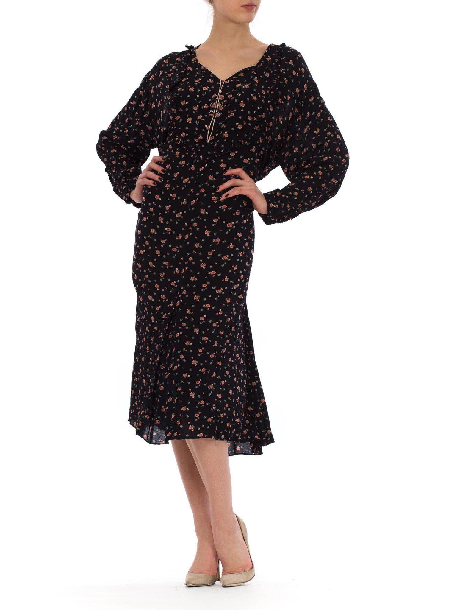 1920S Abito a maniche lunghe in crepe di seta blu navy rosa con stampa floreale Eccezionalmente 2
