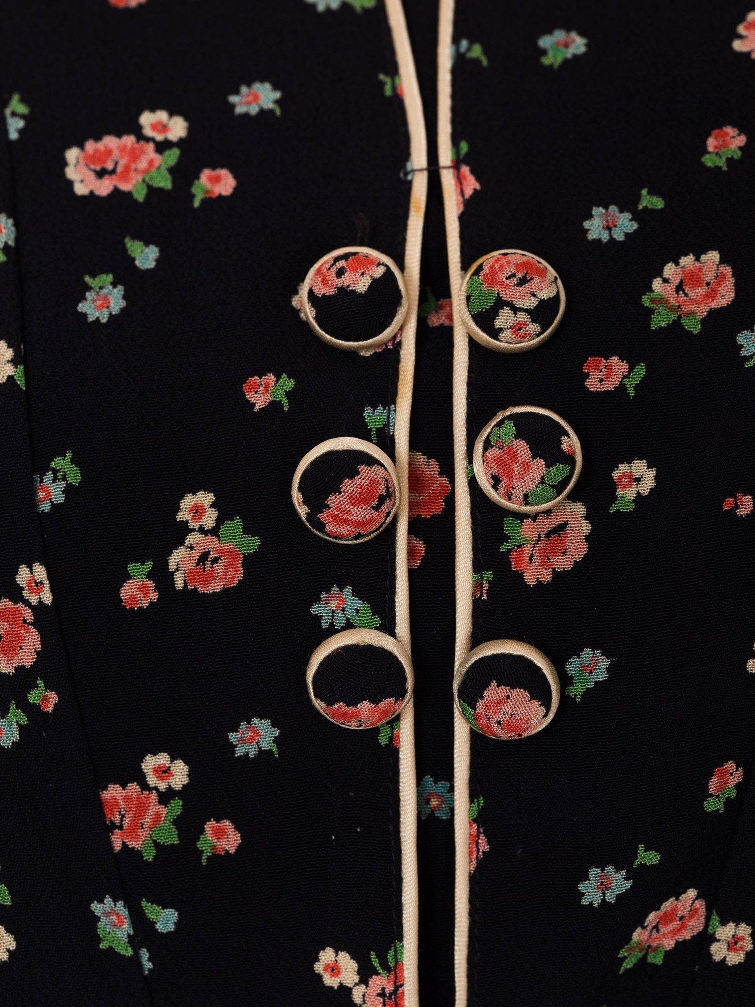 1920S Abito a maniche lunghe in crepe di seta blu navy rosa con stampa floreale Eccezionalmente 3
