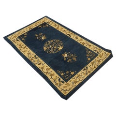 1920s Navy Floral Birds Medallion Antique Chinese Peking Knotted Wool Carpet Rug