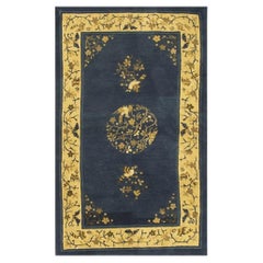 1920s Navy Floral Birds Medallion Antique Chinese Peking Knotted Wool Carpet Rug