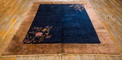 1920s Navy Open Field Floral Modern Knotted Wool Antique Chinese Art Deco Rug