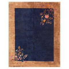 1920s Navy Open Field Floral Modern Knotted Wool Antique Chinese Art Deco Rug