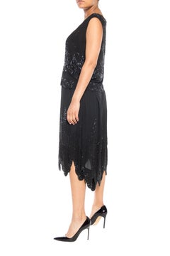 1920S Black Silk Crepe De Chine Deco Beaded Cocktail Top & Skirt Ensemble
