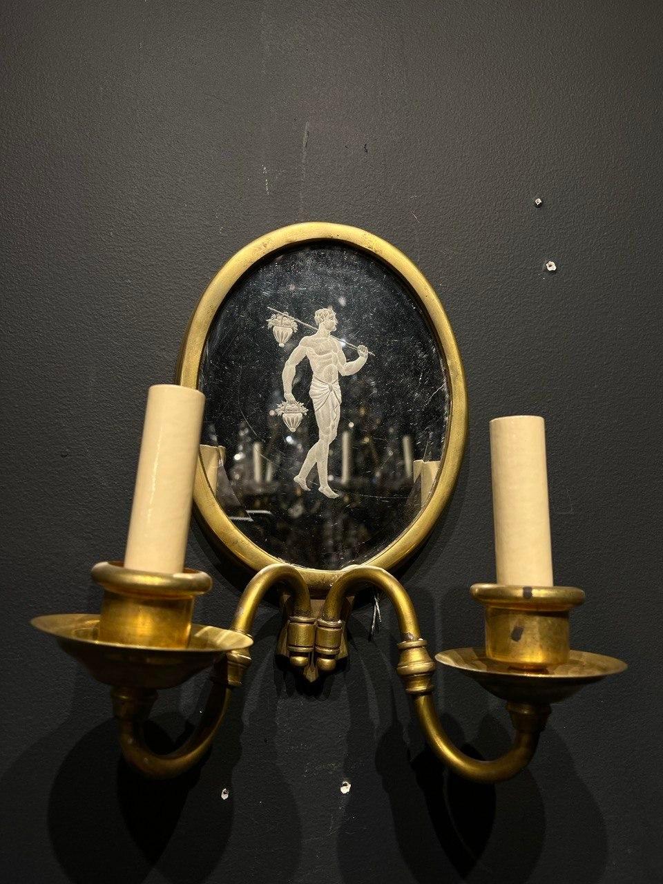 Etched 1920s Neoclassic Style Caldwell  Mirrored Sconces  For Sale