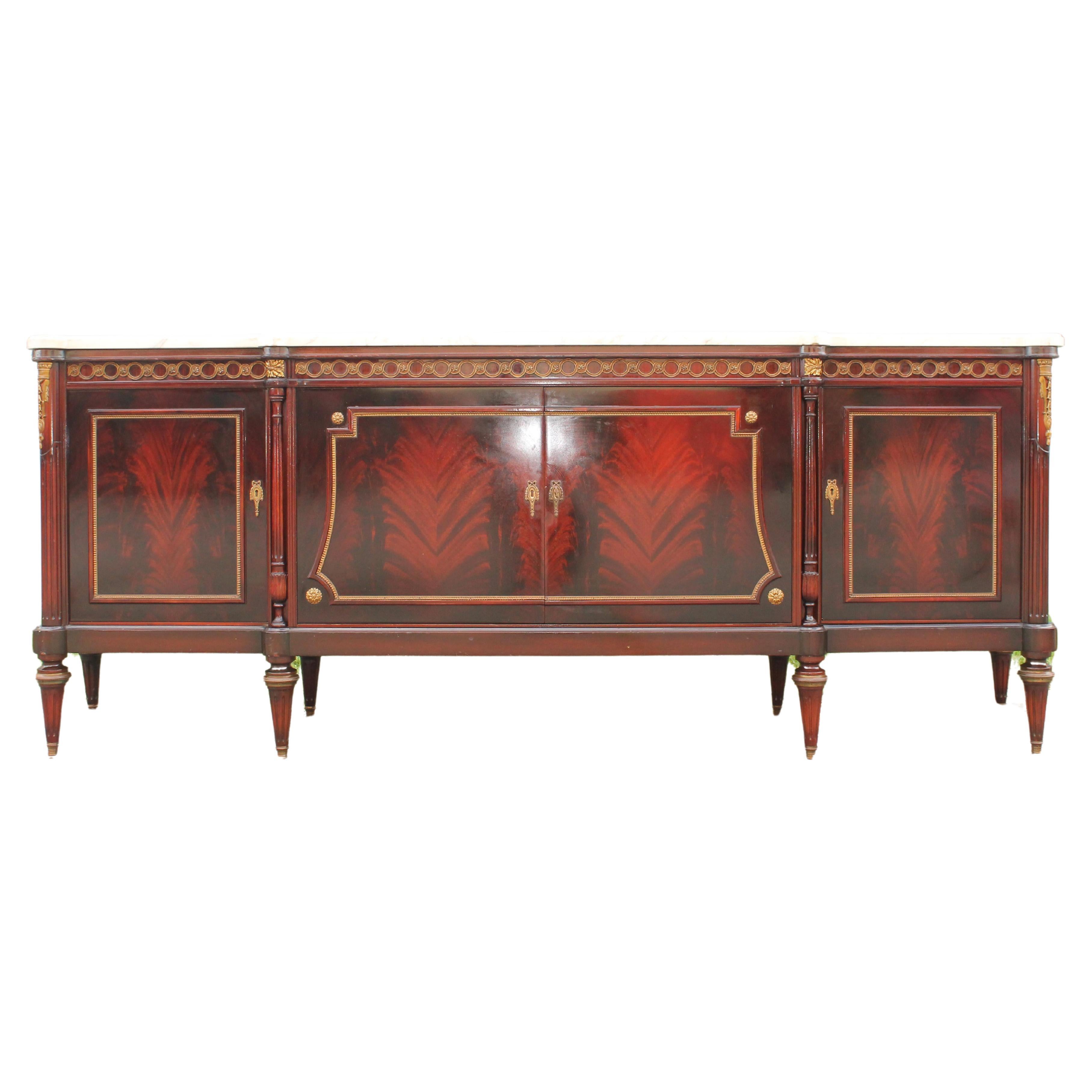 1920's Neoclassic style Marble Top Flame Mahogany Buffet/ Sideboard/ Credenza For Sale