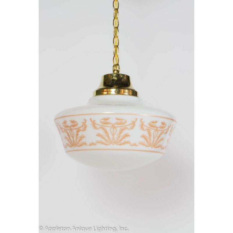 Brass classical revival elevated schoolhouse fixtures from the 1920s. Completely restored and UL Listed 20-35? oa length.

Material: Milk Glass,Brass
Style: Traditional,Art Deco
Place of Origin: United States
Period Made: early 20th