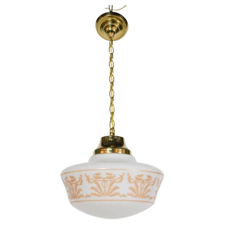 1920s Neoclassical Stencil Glass Pendant Fixtures, Three Available For Sale