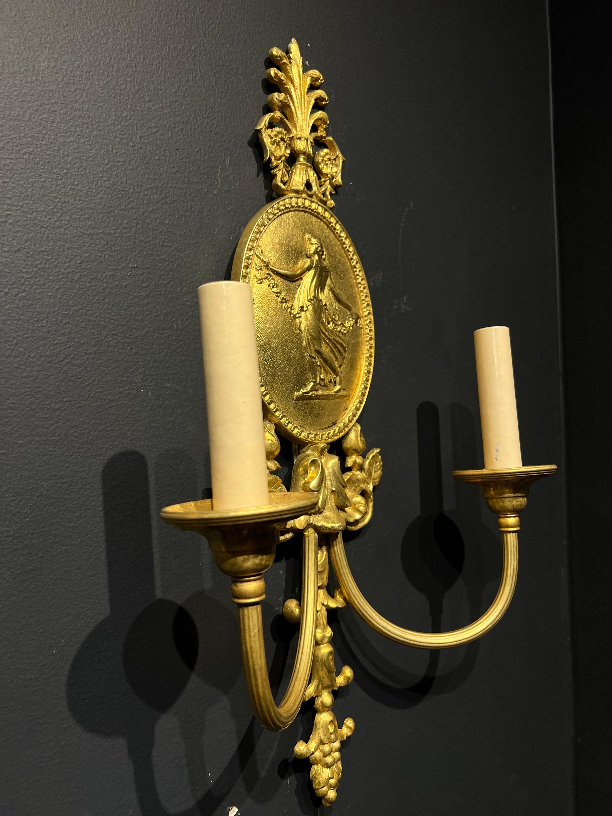 Gilt 1920’s Neoclassical Style Caldwell Sconces with cameos For Sale
