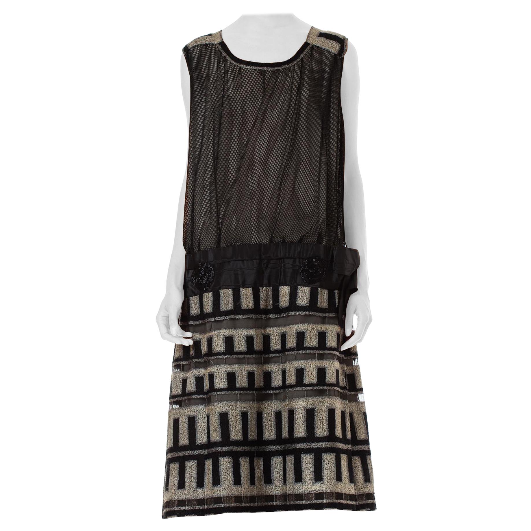 1920S Black Silk Net Art Deco Embroidered Drop Waist Dress