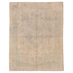 1920s Neutral Turkish Oushak Rug with Green Accents and a Gray Border