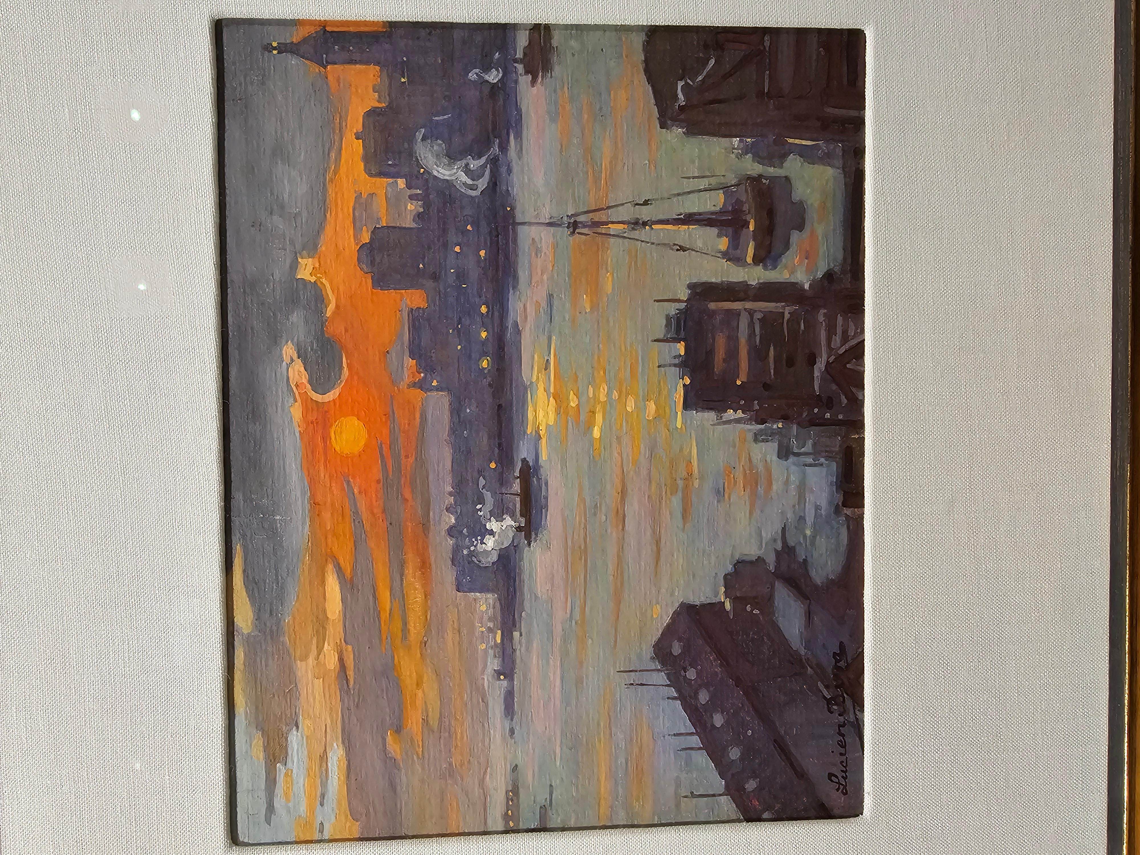 Óleo marino de escena portuaria de Nueva York de los años 20 Lucien Biva (1879-1976) Art Decó en venta