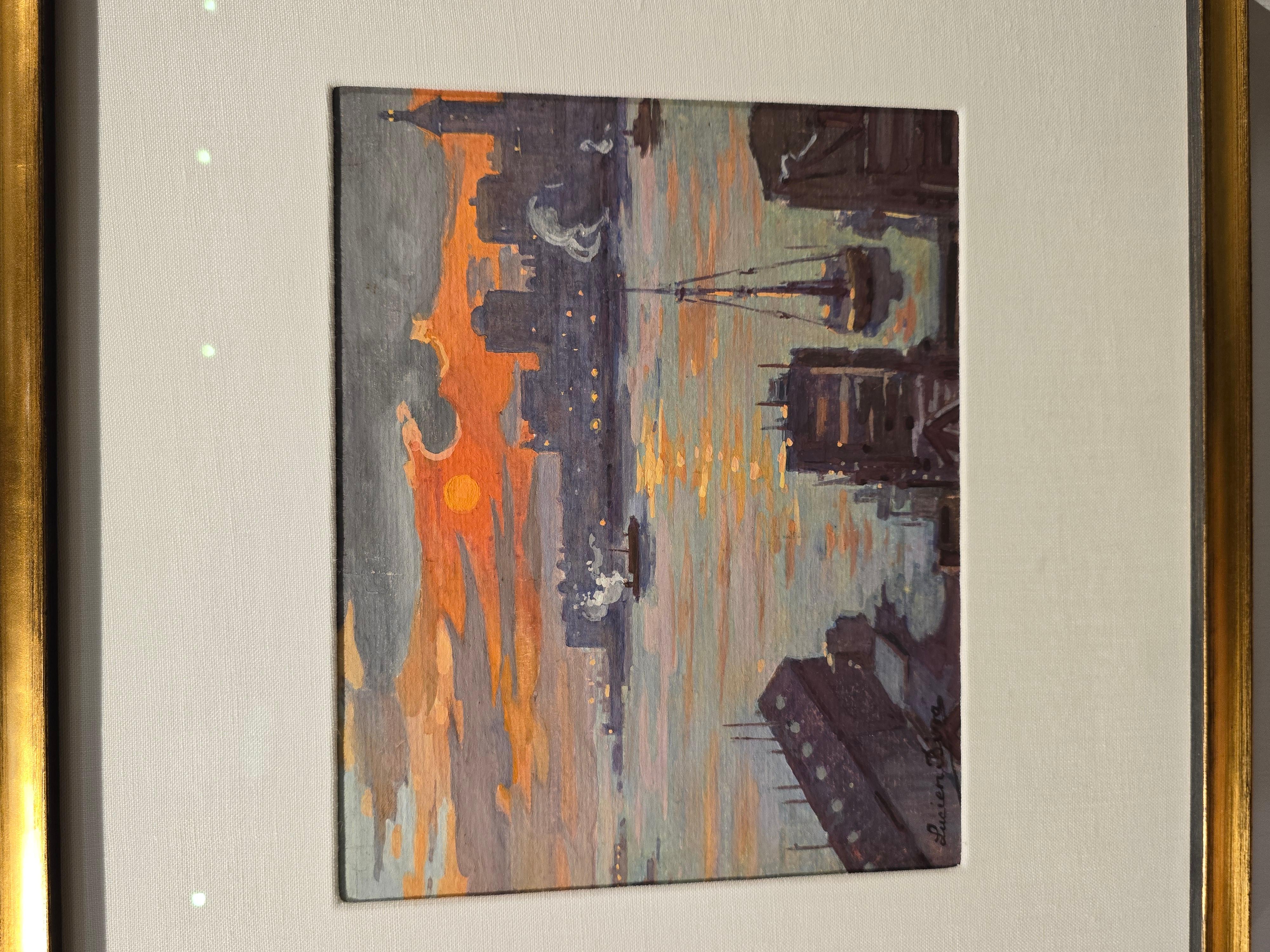 Óleo marino de escena portuaria de Nueva York de los años 20 Lucien Biva (1879-1976) en Bueno estado para la venta en Sarasota, FL
