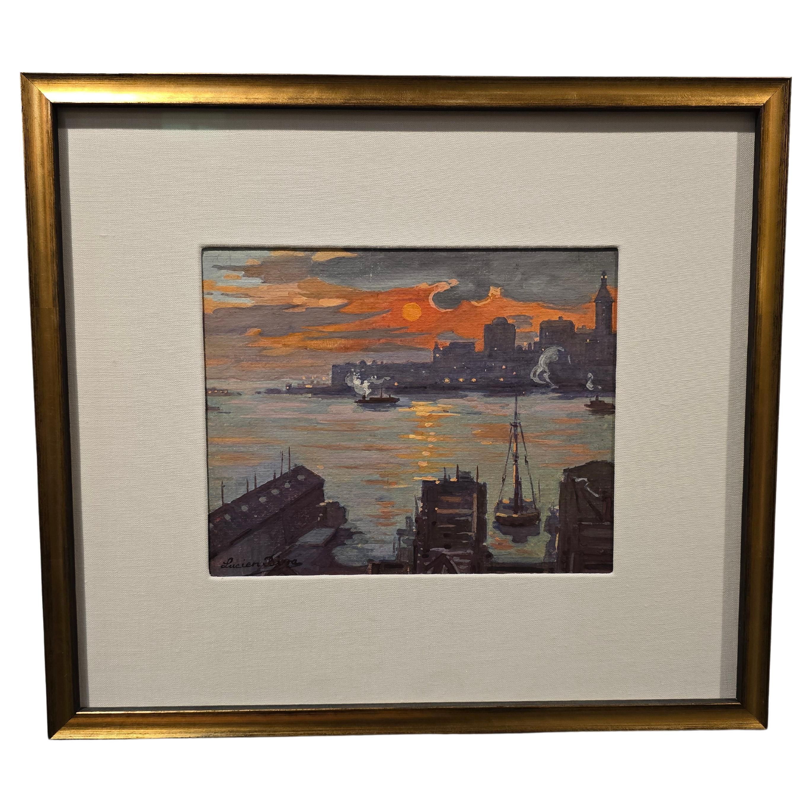 Óleo marino de escena portuaria de Nueva York de los años 20 Lucien Biva (1879-1976) en venta