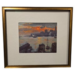 Antique 1920s New York Harbor Scene Marine Oil Painting Lucien Biva (1879-1976)