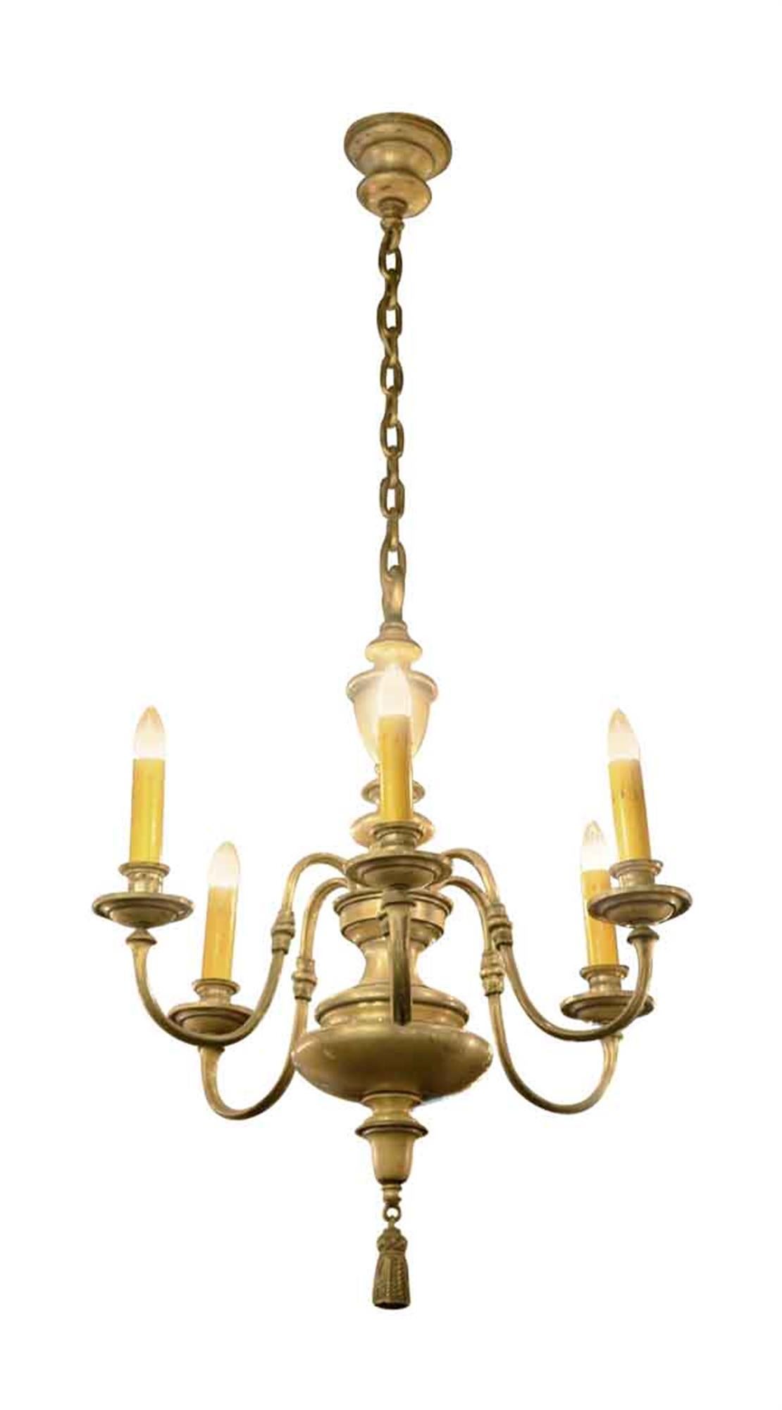 1920s bronze six arm chandelier with a nickel finish. Cleaned and rewired. Two available at time of posting. Priced each. Small quantity available at time of posting. Please inquire. Priced each. Please note, this item is located in one of our NYC