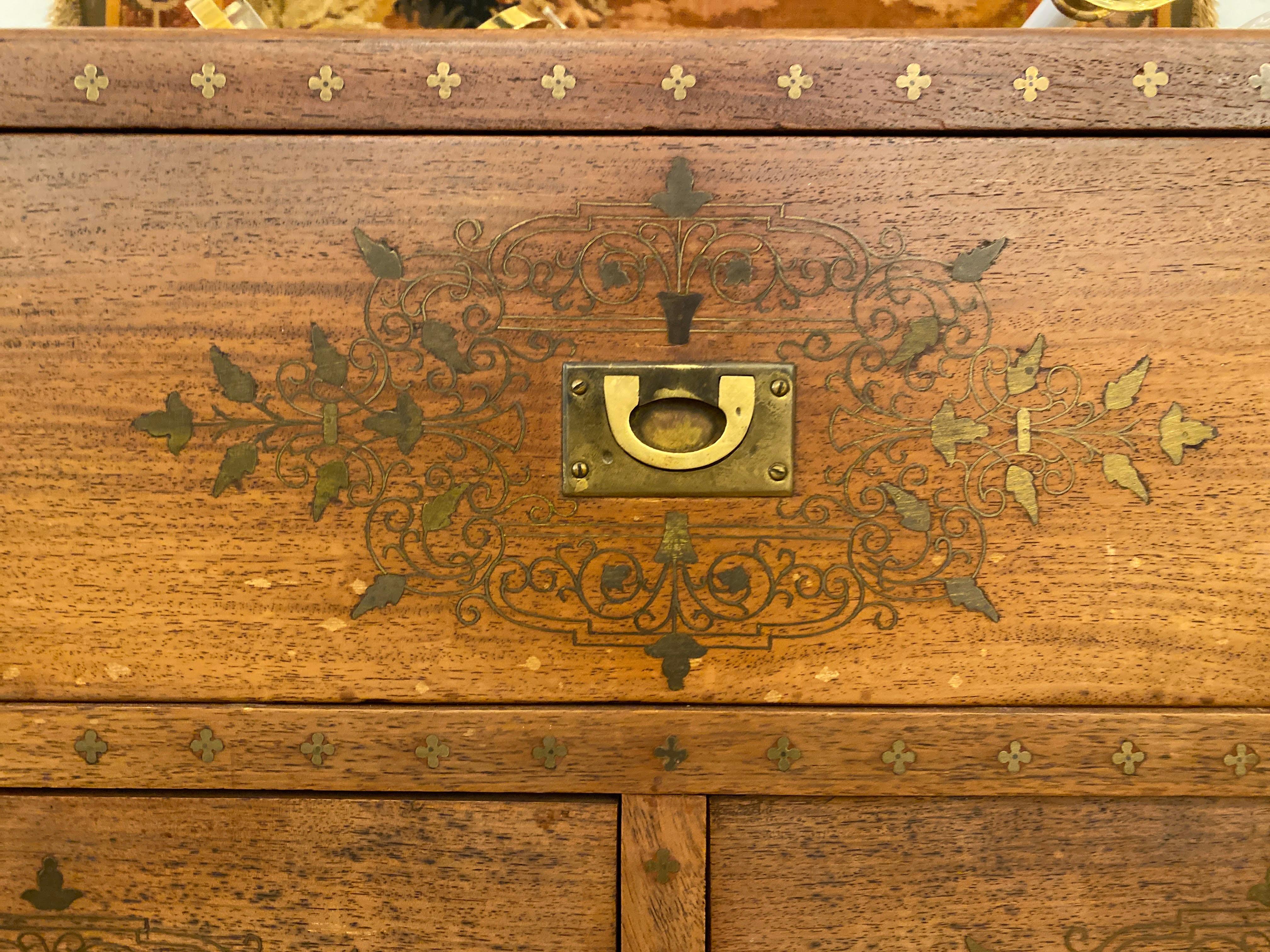 1920s Nine Drawer Hand Painted Wood Dresser with Inlaid Brass Details and Pulls 4