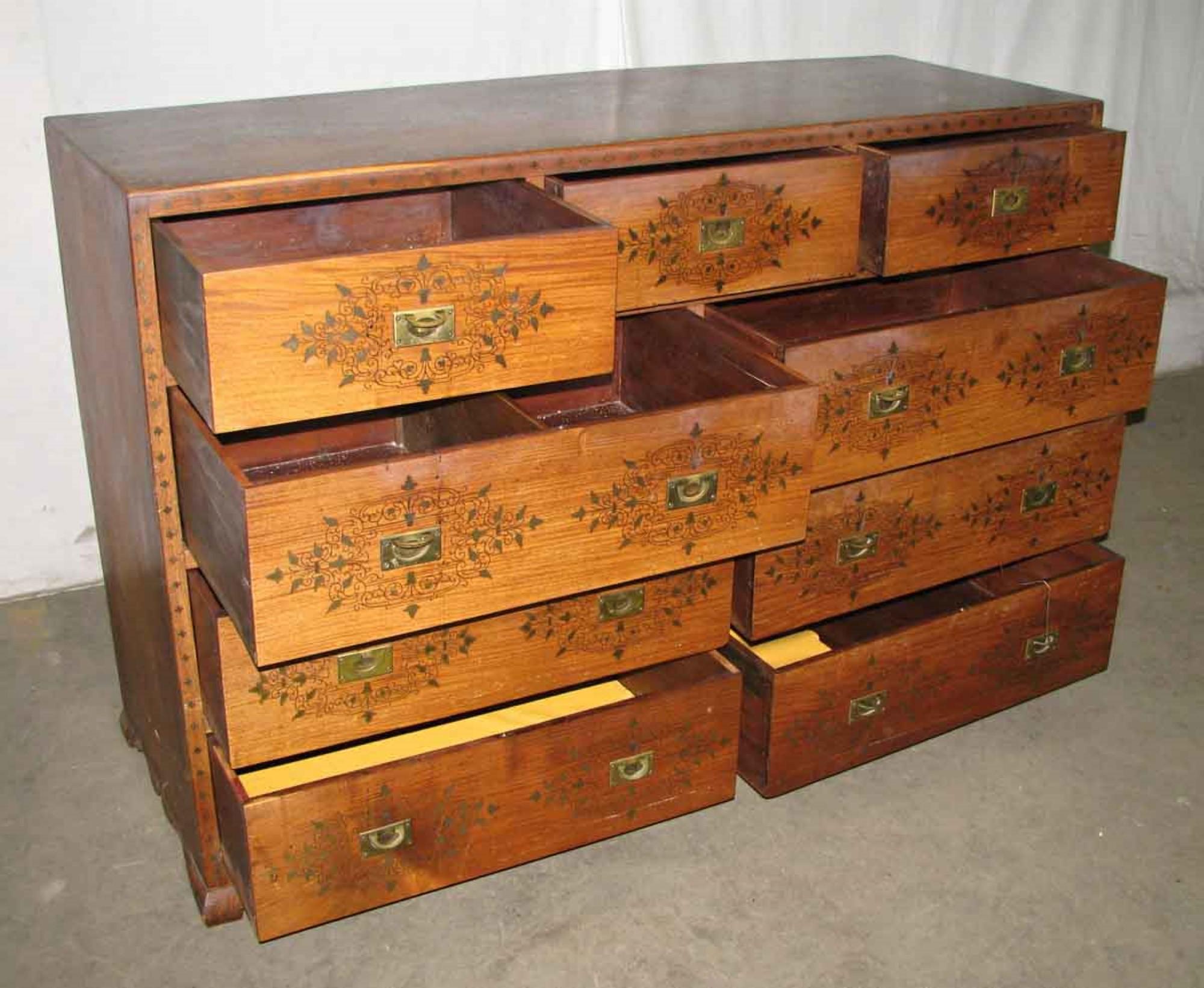 American 1920s Nine Drawer Hand Painted Wood Dresser with Inlaid Brass Details and Pulls