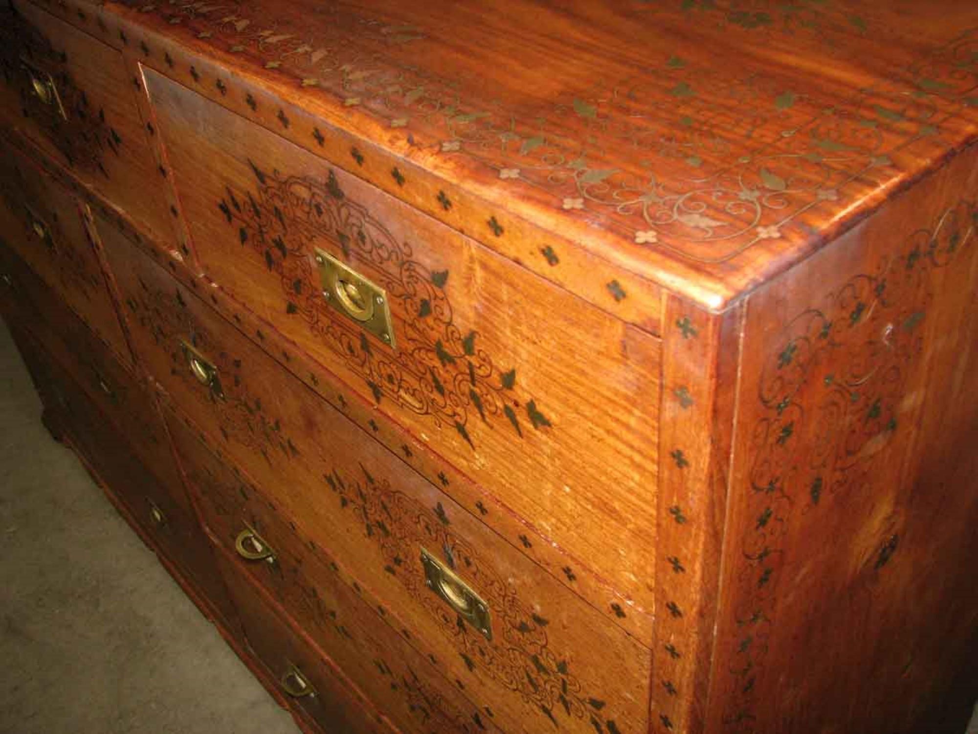 1920s Nine Drawer Hand Painted Wood Dresser with Inlaid Brass Details and Pulls In Good Condition In New York, NY