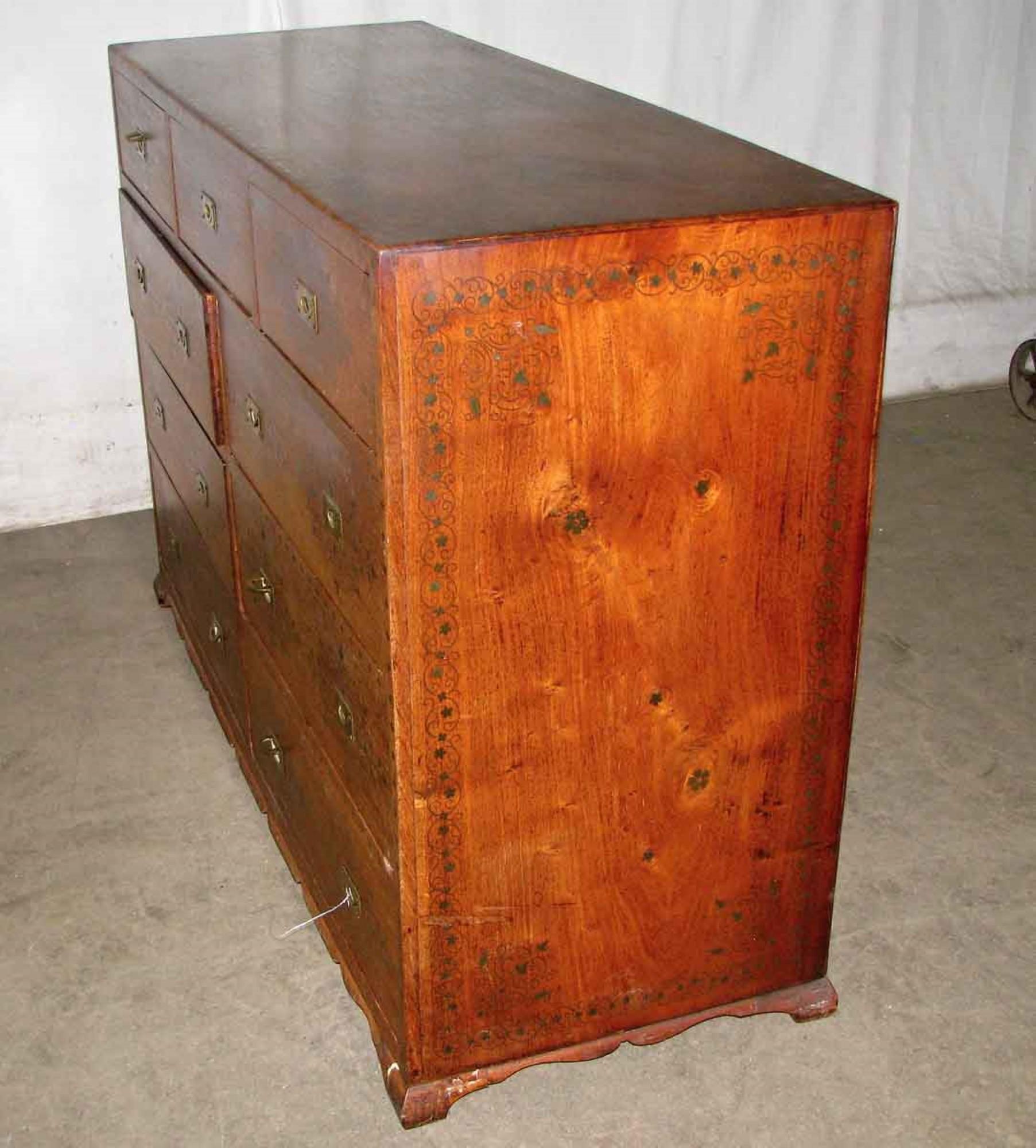 1920s Nine Drawer Hand Painted Wood Dresser with Inlaid Brass Details and Pulls 1