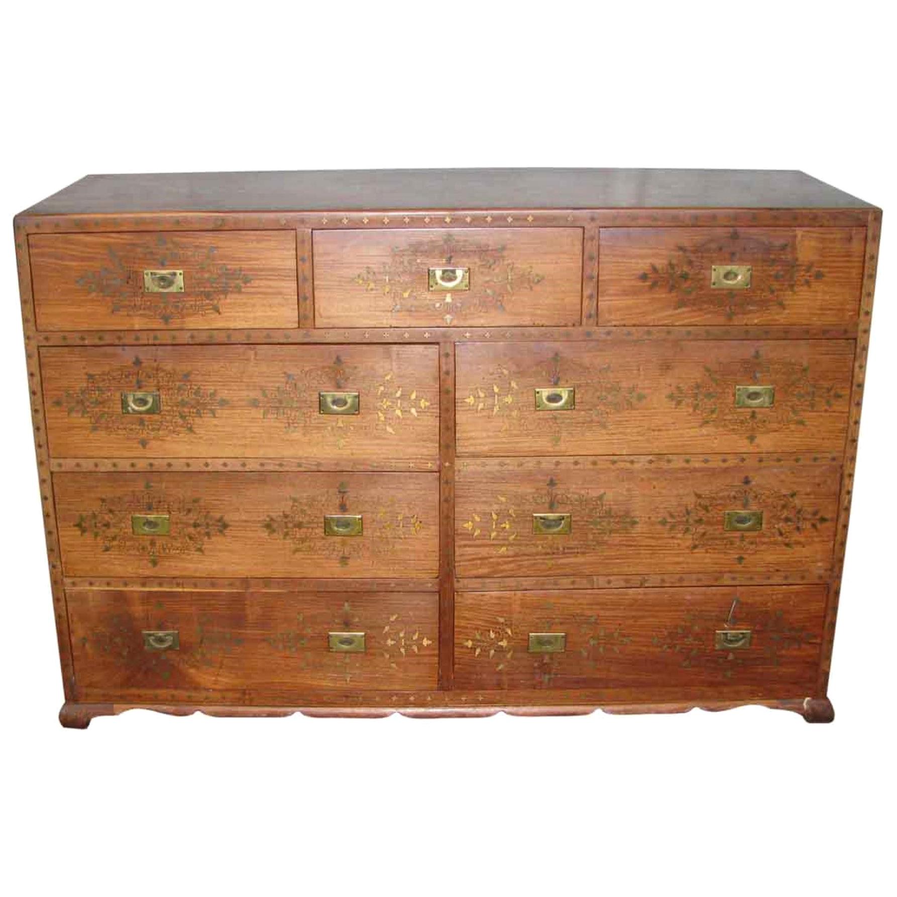 1920s Nine Drawer Hand Painted Wood Dresser with Inlaid Brass Details and Pulls