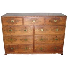 1920s Nine Drawer Hand Painted Wood Dresser with Inlaid Brass Details and Pulls