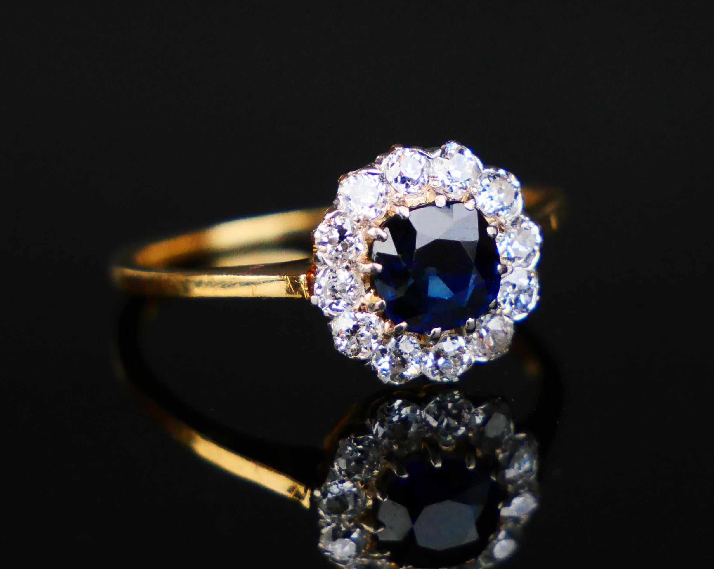 1920s Nordic Halo Ring 1ct Sapphire Diamonds solid 18K Gold Ø 6.25US /2.2 gr For Sale 5