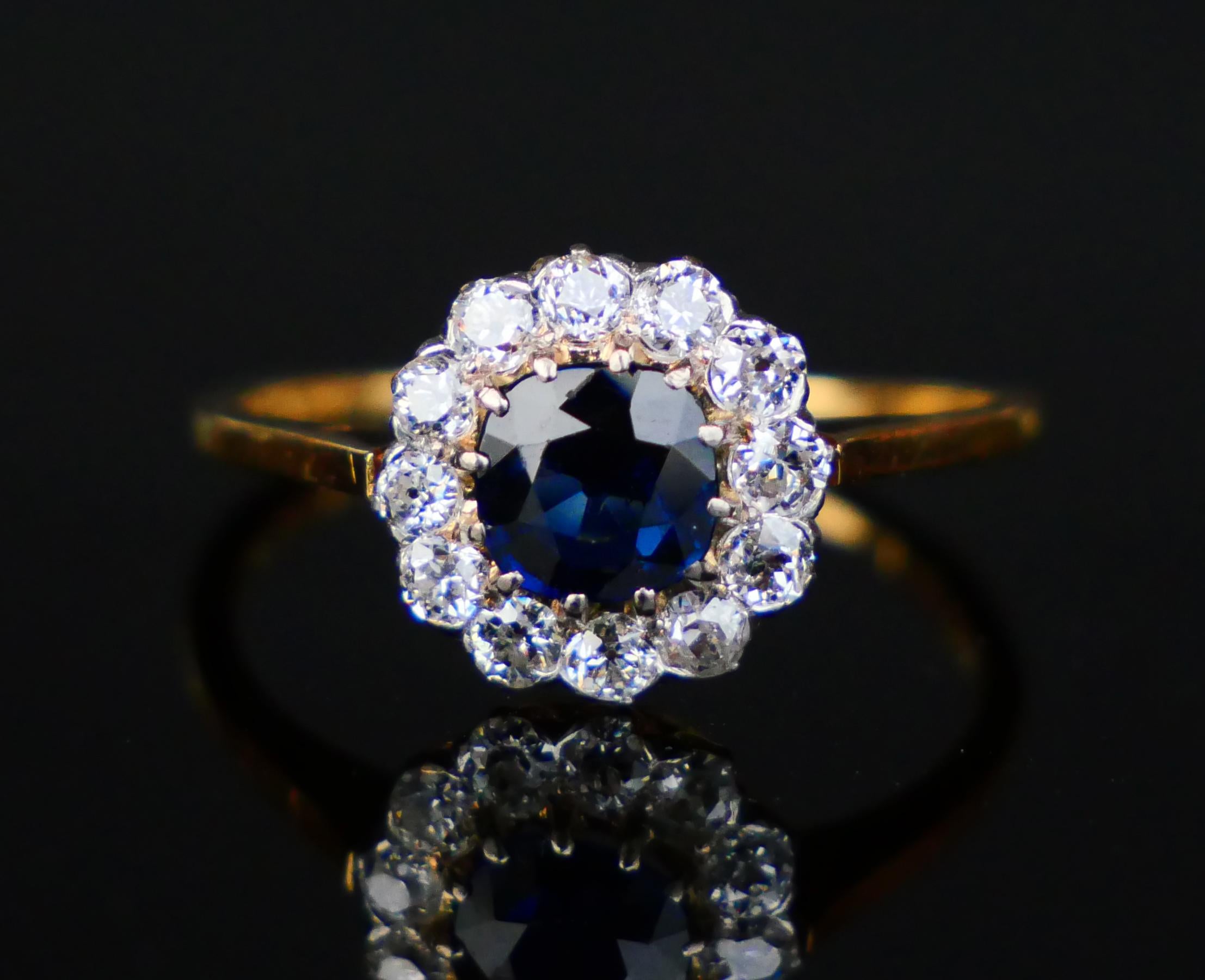 1920s Nordic Halo Ring 1ct Sapphire Diamonds solid 18K Gold Ø 6.25US /2.2 gr For Sale 6