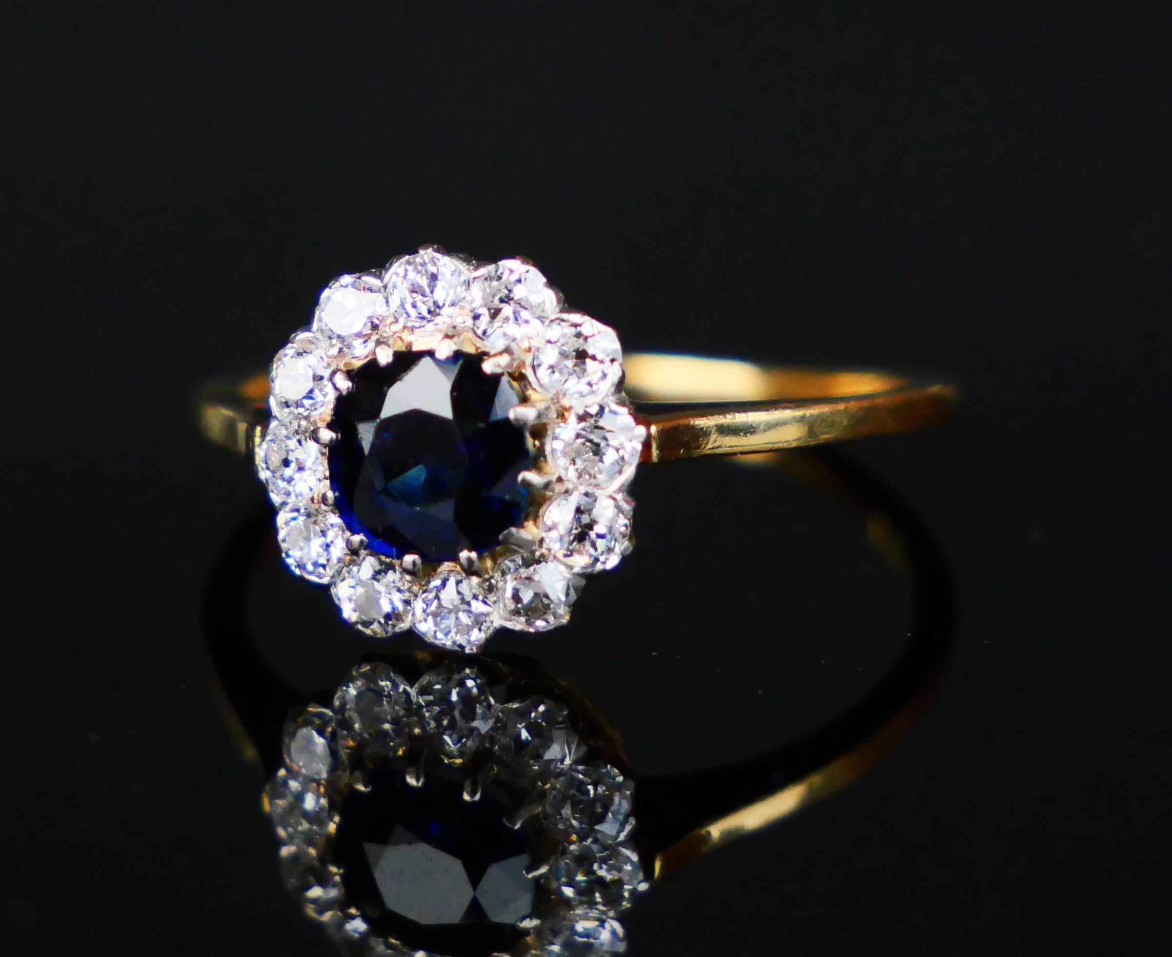 1920s Nordic Halo Ring 1ct Sapphire Diamonds solid 18K Gold Ø 6.25US /2.2 gr For Sale 7