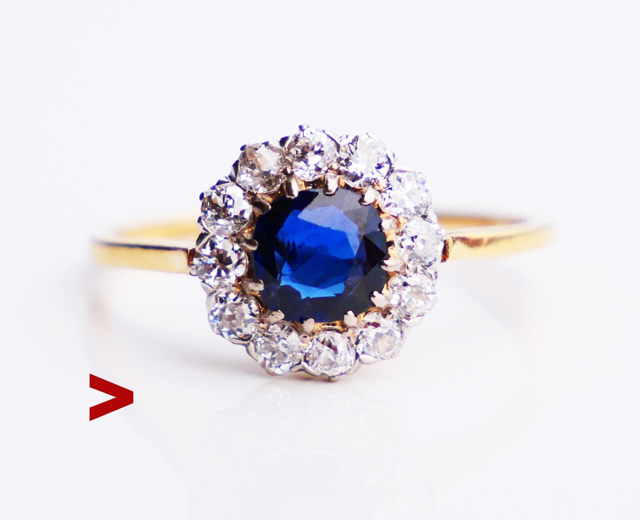 Old Nordic Halo Ring in solid 18K Yellow Gold with natural Blue Sapphire and 12 old European cut Diamonds in Platinum settings. Hallmarked 18K, Swedish Ring. No year marks, made ca. 1920s -1930s. I have several rings of similar design, just check my