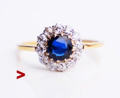 1920s Nordic Halo Ring 1ct Sapphire Diamonds solid 18K Gold Ø 6.25US /2.2 gr