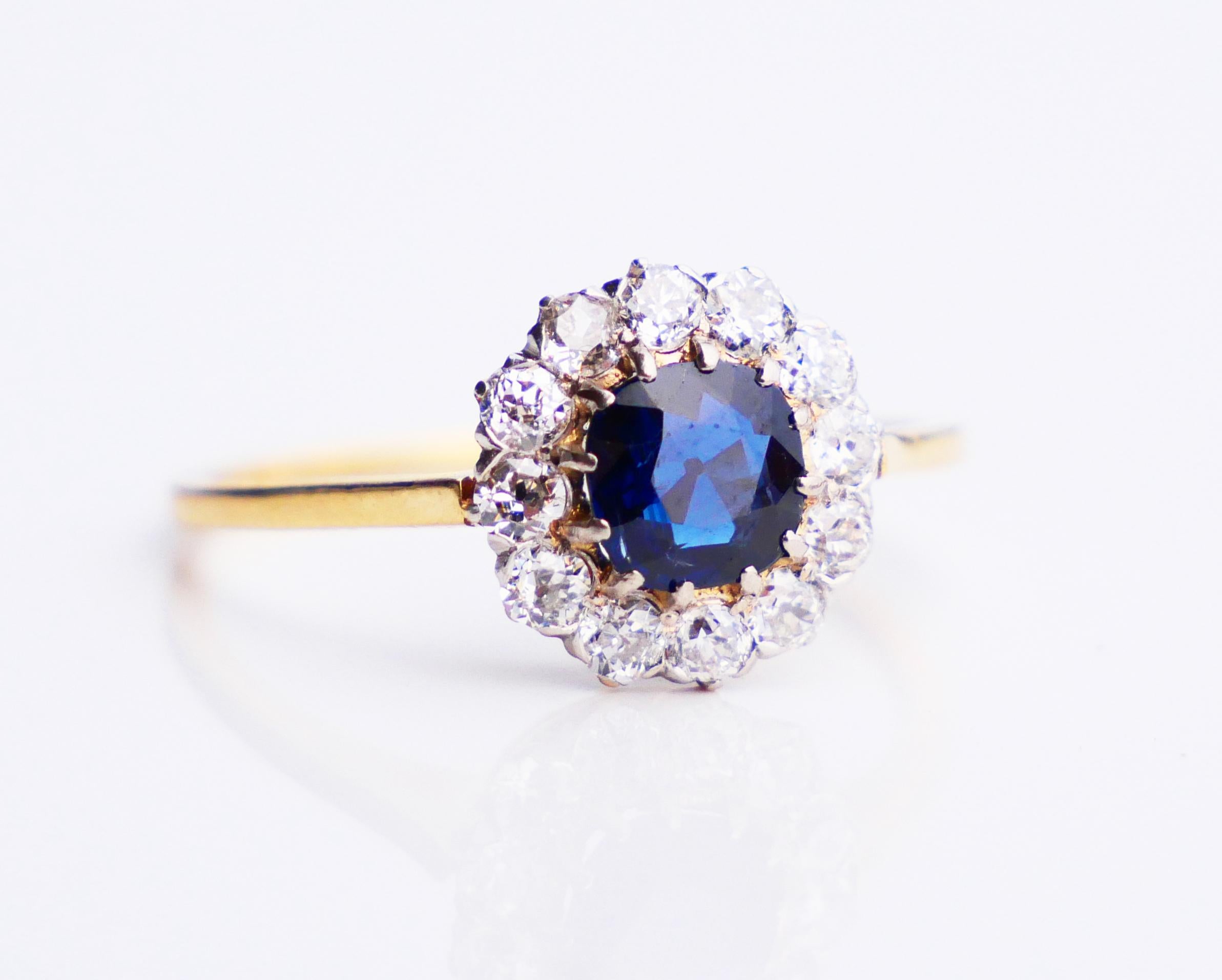 Art Deco 1920s Nordic Halo Ring 1ct Sapphire Diamonds solid 18K Gold Ø 6.25US /2.2 gr For Sale